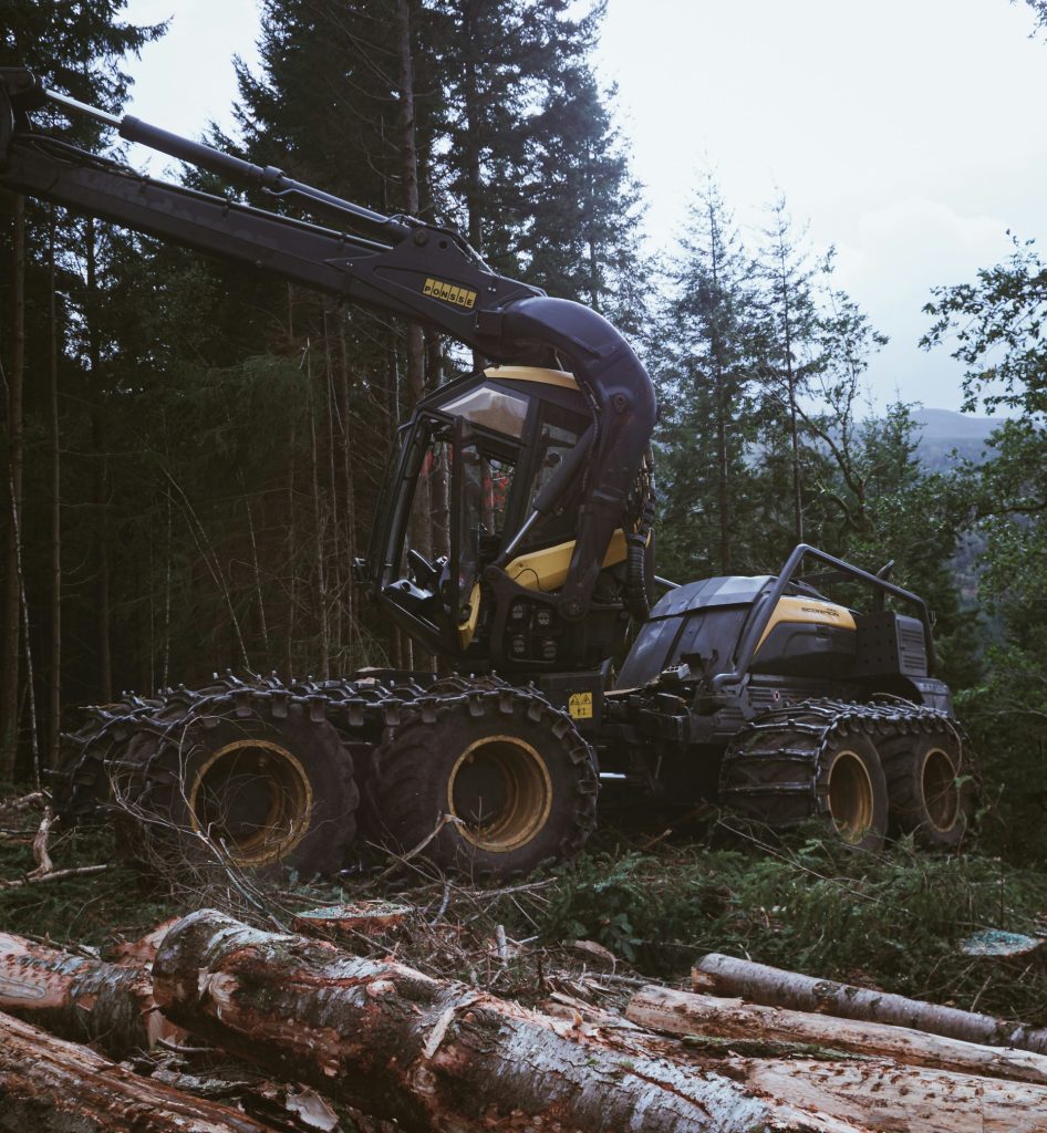 ein Traktor steht mitten im Wald